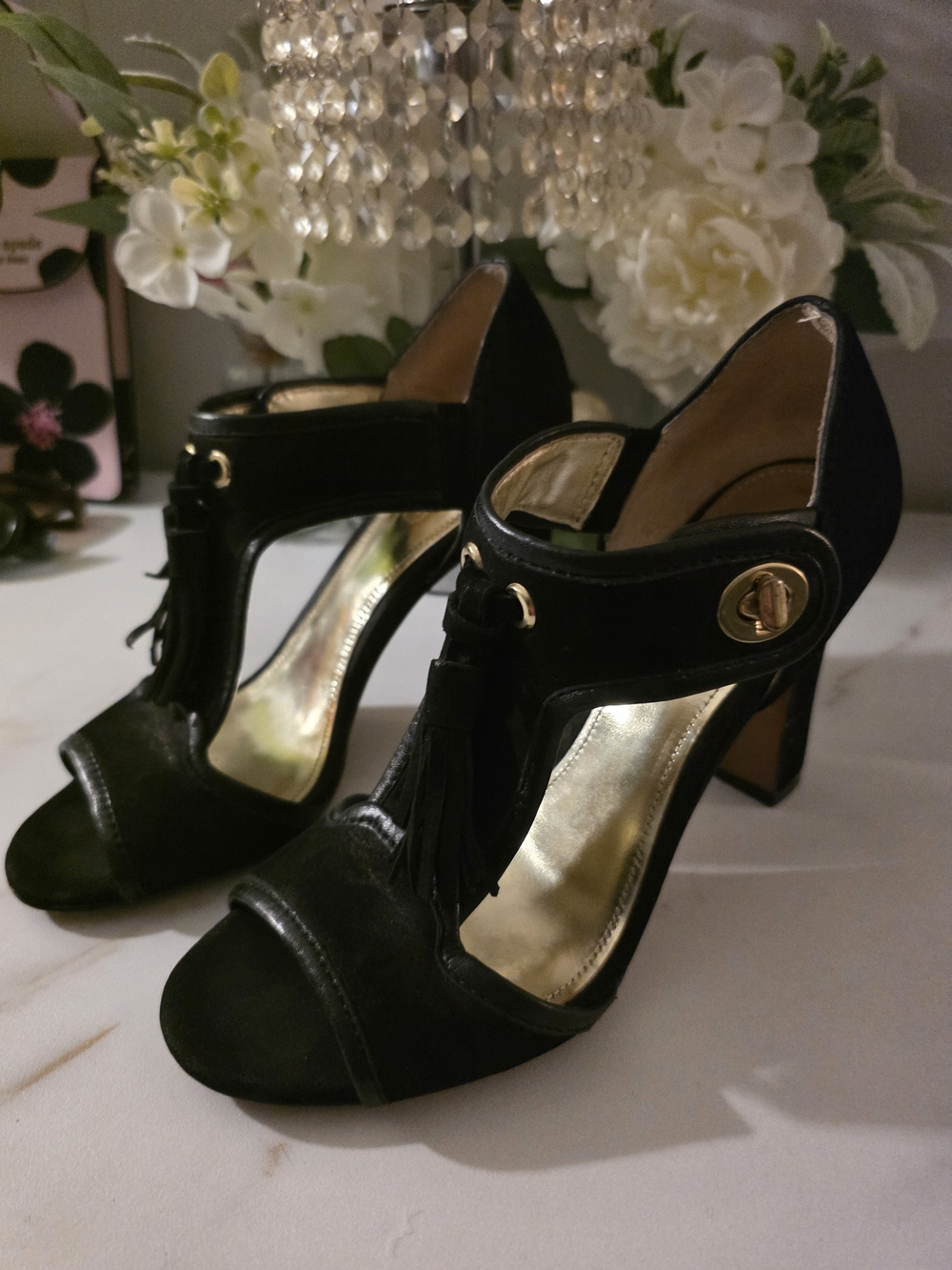 Coach Black Open-Toe Tassel Block Heels